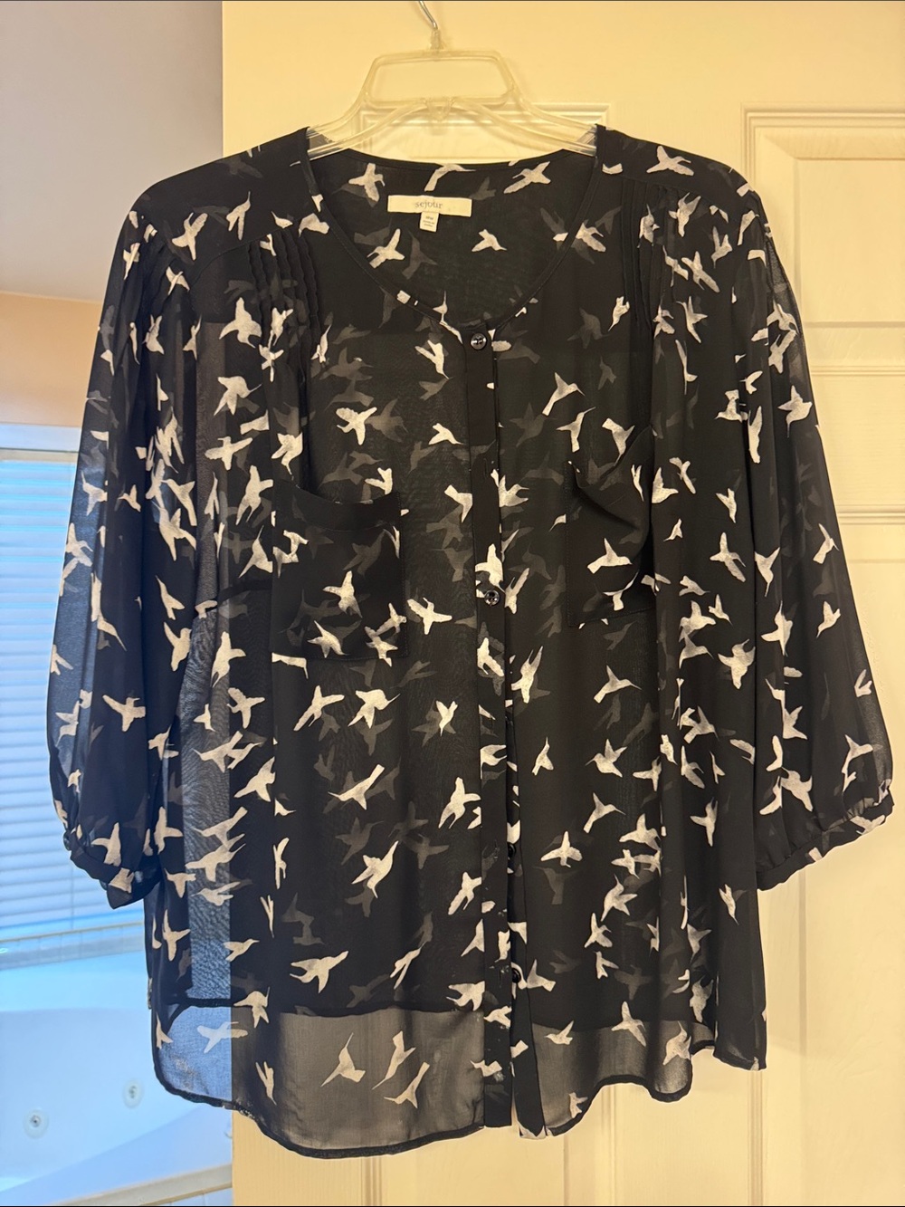 Sejour Black Sheer Bird-Print Button Front Blouse